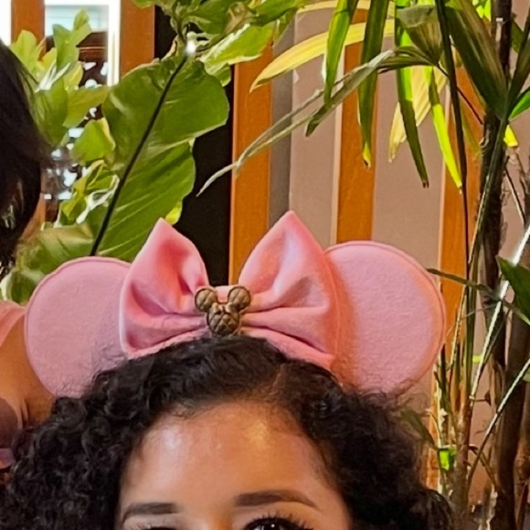 Pink Velvet Minnie Mouse inspired ears with brown charm. - Picture 4 of 5